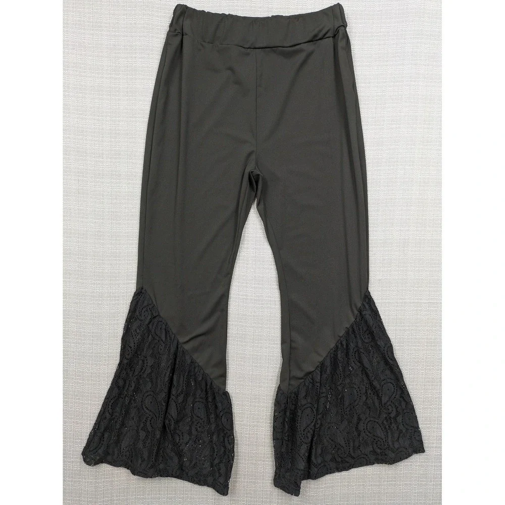 Yvette Pants Womens Medium Black Lace Bell Flare Ankle Pull On Stretch Party